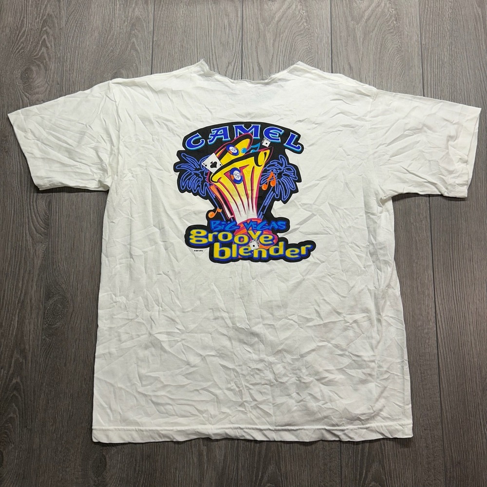 Vintage 1996 Camel Big Vegas Groove Blender T-Shirt XL White Pocket Tee 90s